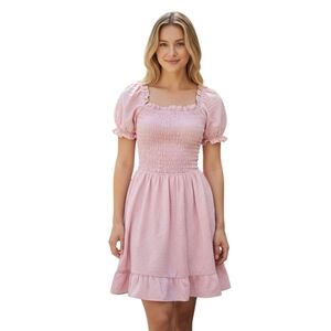 Monteau Los Angeles Dress Womens Med Pink Tired Ruffle Hem Smocked Puff Sleeves